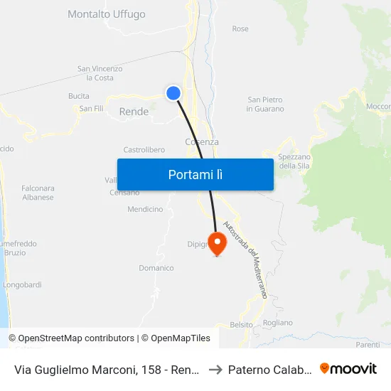 Via Guglielmo Marconi, 158 - Rende to Paterno Calabro map