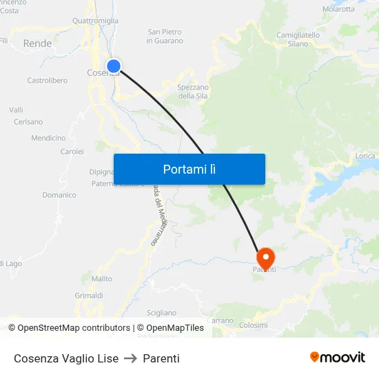 Cosenza Vaglio Lise to Parenti map