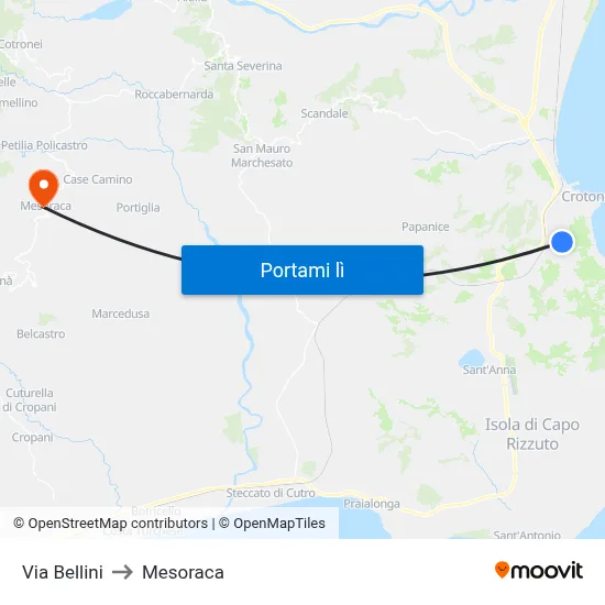 Via Bellini to Mesoraca map