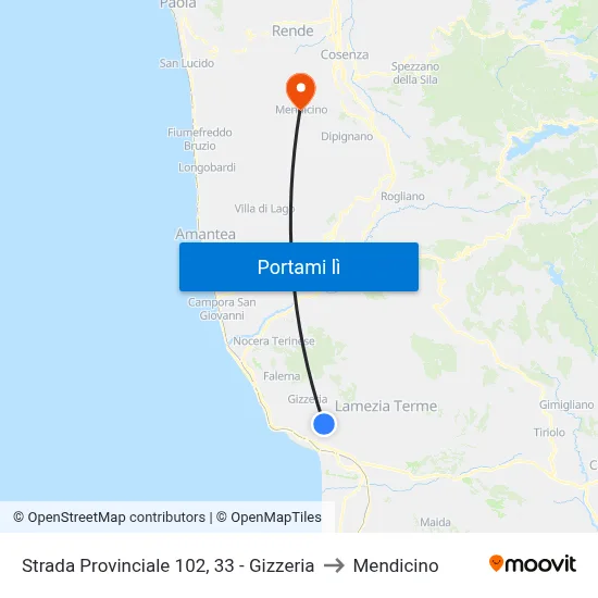 Strada Provinciale 102, 33 - Gizzeria to Mendicino map