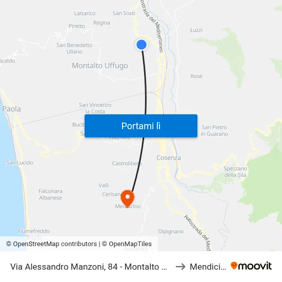 Via Alessandro Manzoni, 84 - Montalto Uffugo to Mendicino map