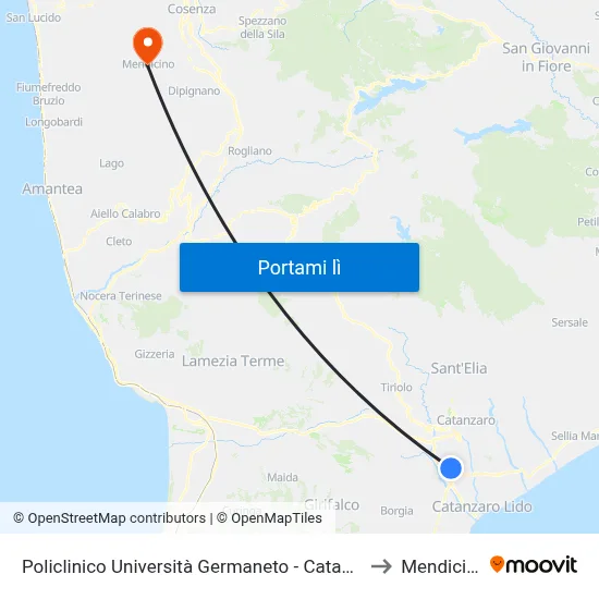 Policlinico Università Germaneto - Catanzaro to Mendicino map