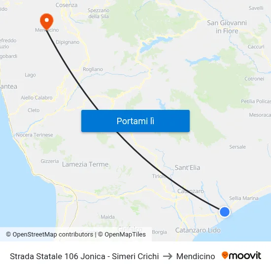 Strada Statale 106 Jonica - Simeri Crichi to Mendicino map