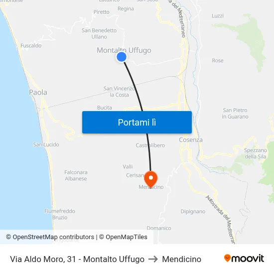 Via Aldo Moro, 31 - Montalto Uffugo to Mendicino map