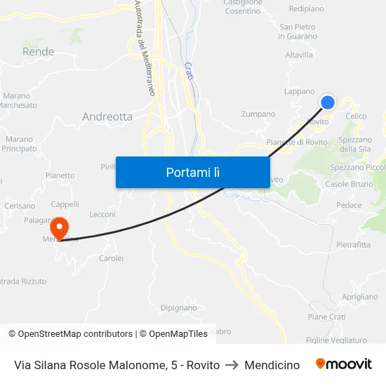 Via Silana Rosole Malonome, 5 - Rovito to Mendicino map