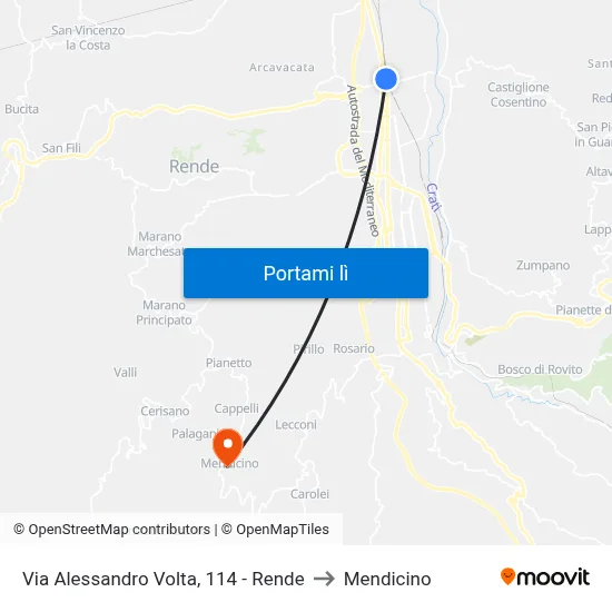 Via Alessandro Volta, 114 - Rende to Mendicino map