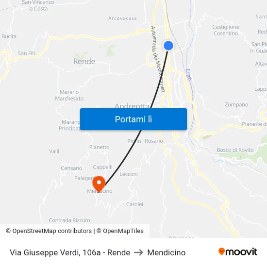 Via Giuseppe Verdi, 106a - Rende to Mendicino map