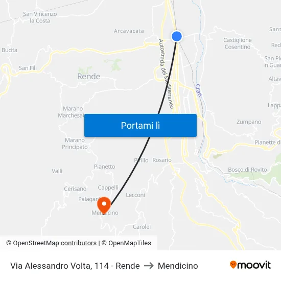 Via Alessandro Volta, 114 - Rende to Mendicino map