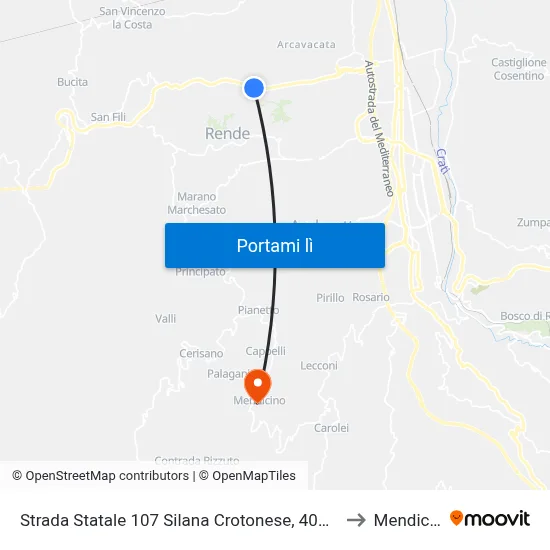 Strada Statale 107 Silana Crotonese, 400 - Rende to Mendicino map
