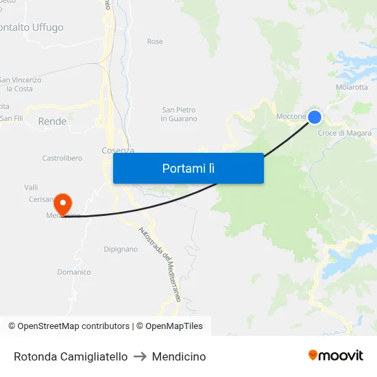 Rotonda Camigliatello to Mendicino map