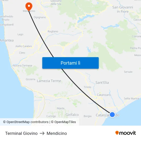 Terminal Giovino to Mendicino map