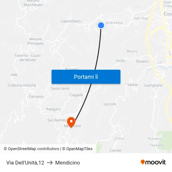 Via Dell'Unità,12 to Mendicino map