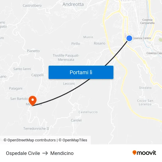 Ospedale Civile to Mendicino map