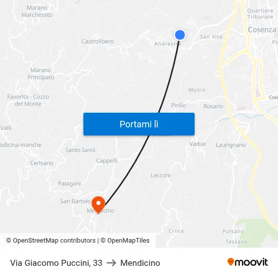 Via Giacomo Puccini, 33 to Mendicino map