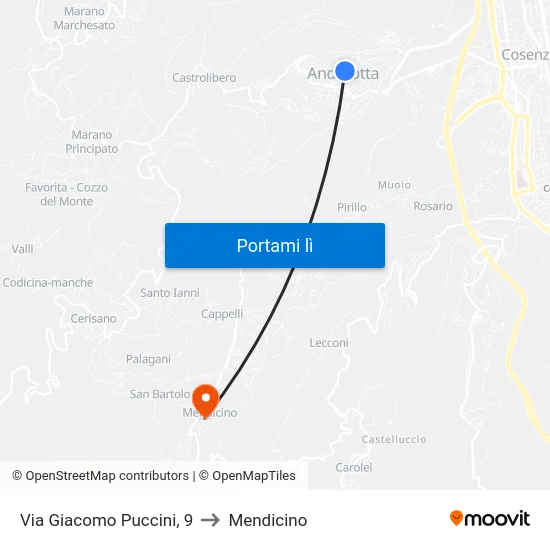 Via Giacomo Puccini, 9 to Mendicino map