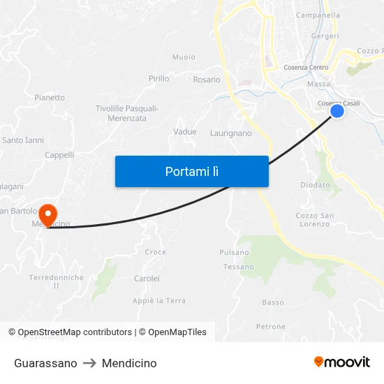 Guarassano to Mendicino map
