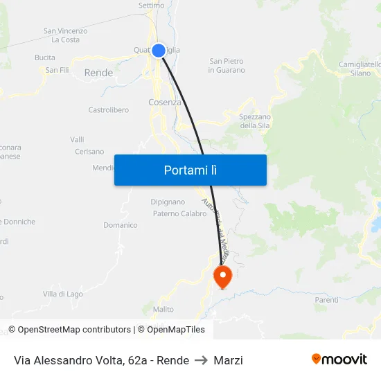 Via Alessandro Volta, 62a - Rende to Marzi map