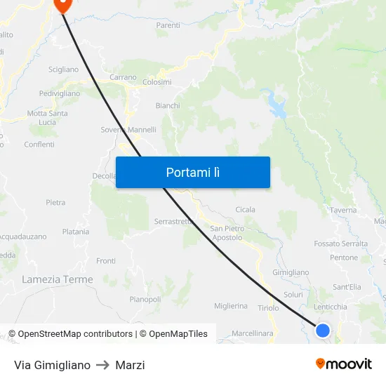 Via Gimigliano to Marzi map