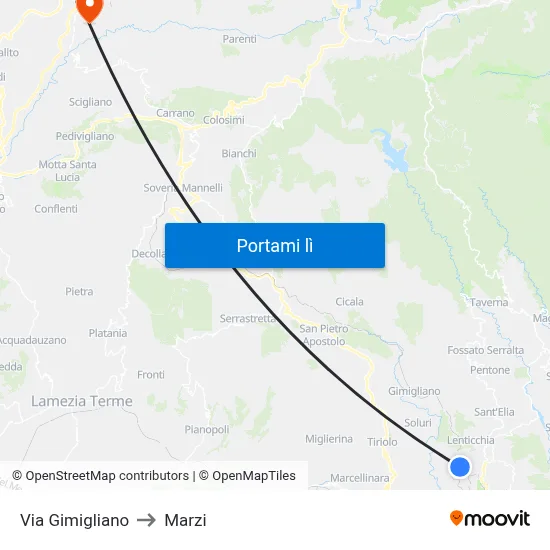 Via Gimigliano to Marzi map