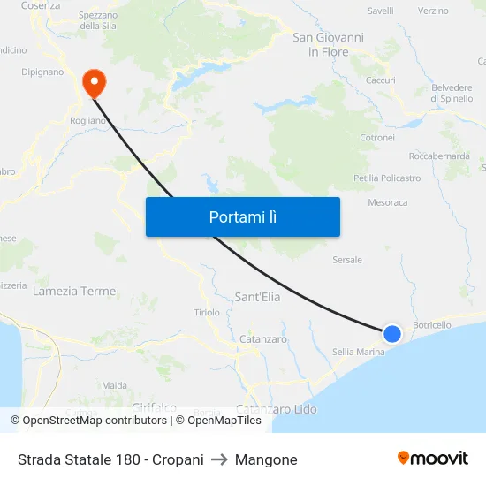 Strada Statale 180 - Cropani to Mangone map