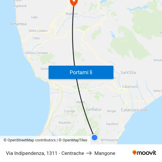 Via Indipendenza, 1311 - Centrache to Mangone map