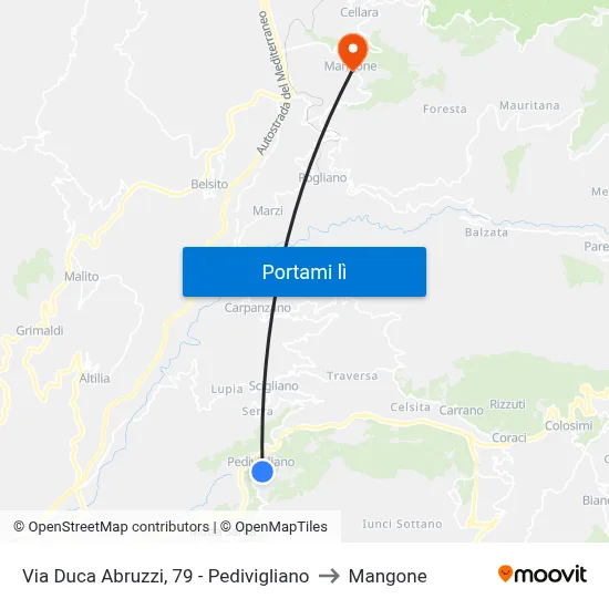 Via Duca Abruzzi, 79 - Pedivigliano to Mangone map