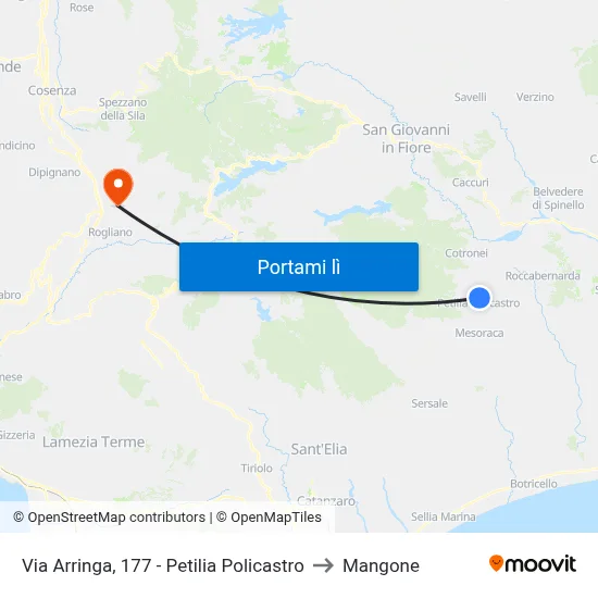 Via Arringa, 177 - Petilia Policastro to Mangone map