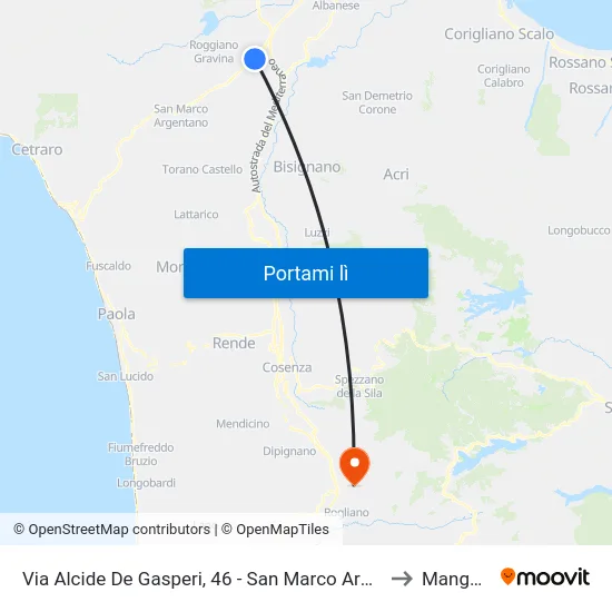 Via Alcide De Gasperi, 46 - San Marco Argentano to Mangone map