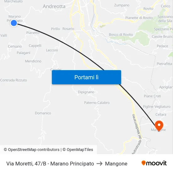 Via Moretti, 47/B - Marano Principato to Mangone map