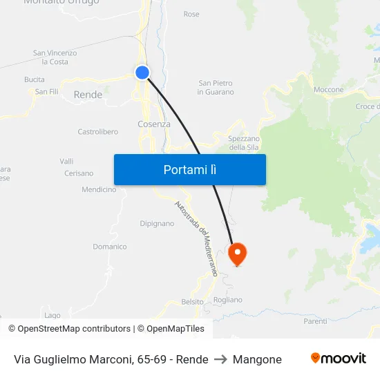 Via Guglielmo Marconi, 65-69 - Rende to Mangone map