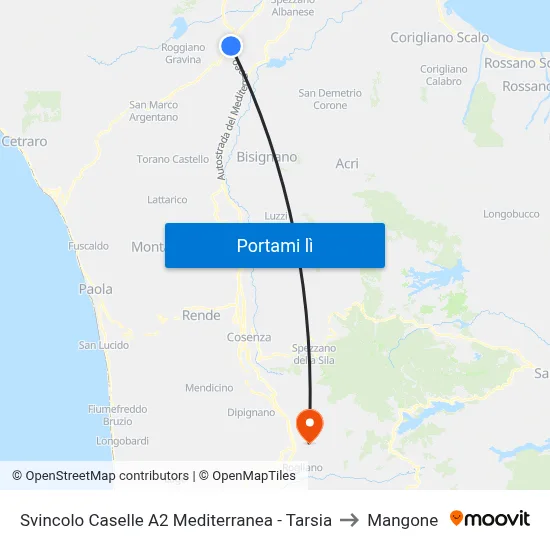 Svincolo Caselle A2 Mediterranea - Tarsia to Mangone map