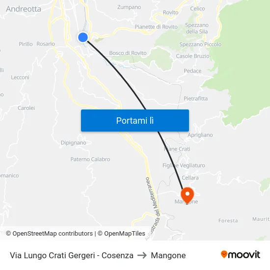 Via Lungo Crati Gergeri - Cosenza to Mangone map