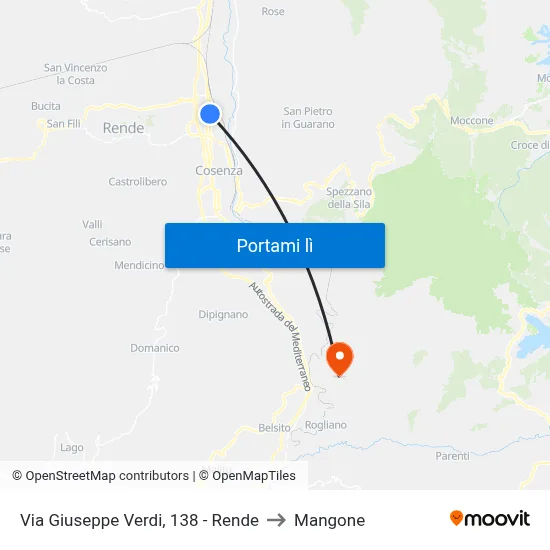 Via Giuseppe Verdi, 138 - Rende to Mangone map