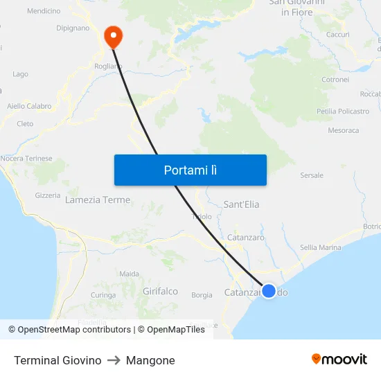 Terminal Giovino to Mangone map