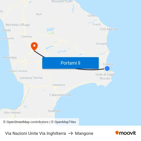 Via Nazioni Unite Via Inghilterra to Mangone map