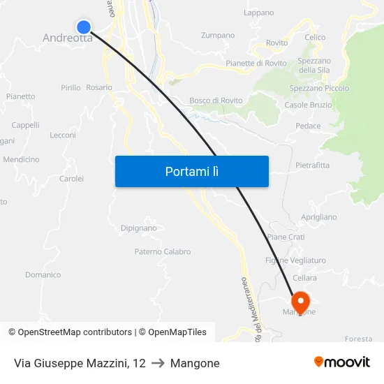 Via Giuseppe Mazzini, 12 to Mangone map