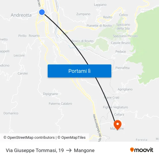 Via Giuseppe Tommasi, 19 to Mangone map