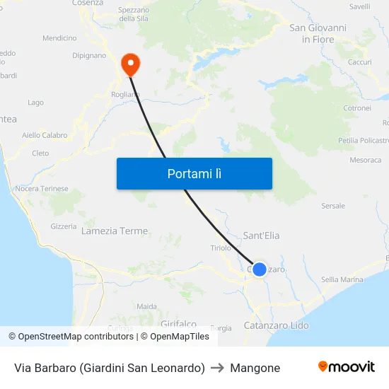 Via Barbaro (Giardini San Leonardo) to Mangone map