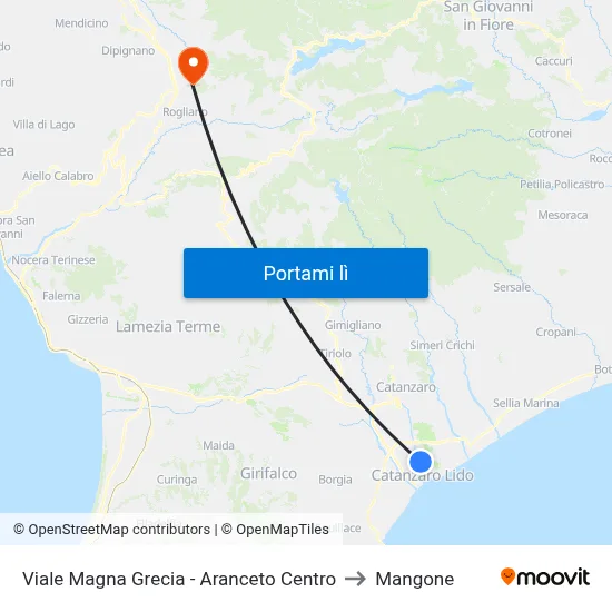 Viale Magna Grecia - Aranceto Centro to Mangone map
