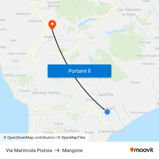 Via Marincola Pistoia to Mangone map