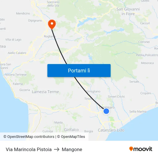 Via Marincola Pistoia to Mangone map