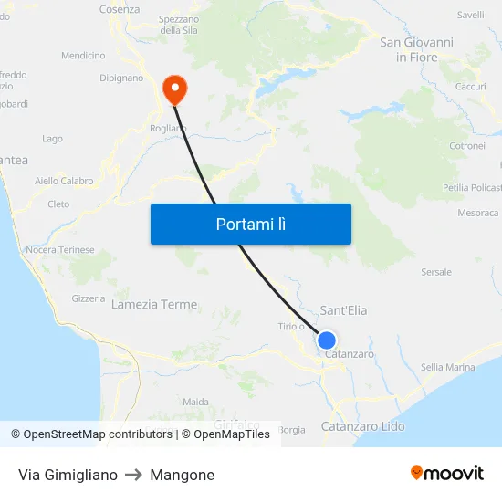 Via Gimigliano to Mangone map