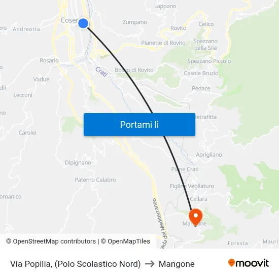 Via Popilia, (Polo Scolastico Nord) to Mangone map
