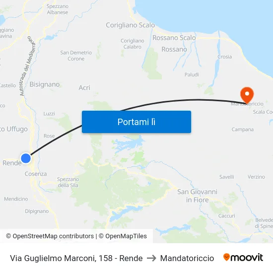 Via Guglielmo Marconi, 158 - Rende to Mandatoriccio map