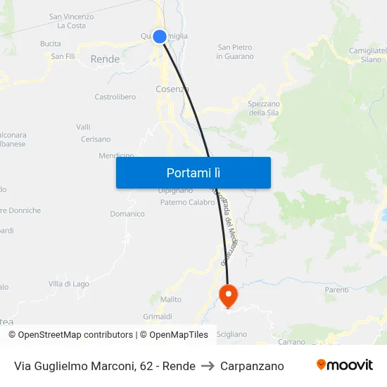 Via Guglielmo Marconi, 62 - Rende to Carpanzano map