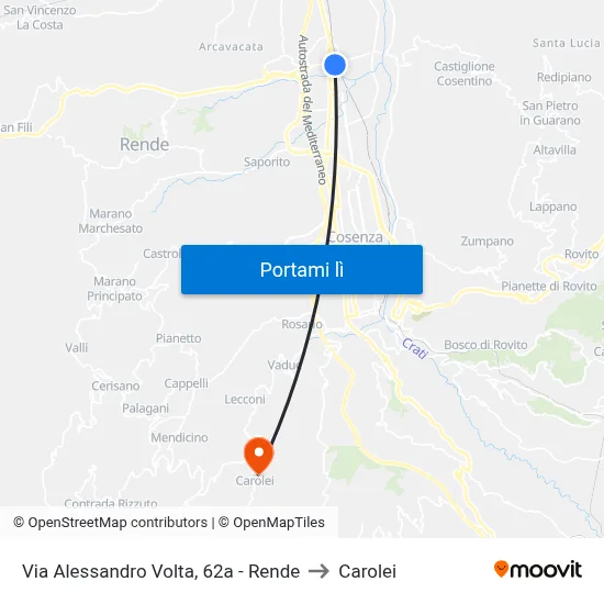 Via Alessandro Volta, 62a - Rende to Carolei map