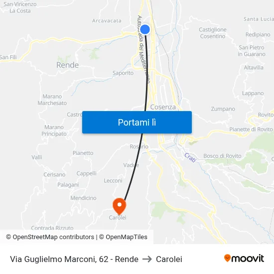 Via Guglielmo Marconi, 62 - Rende to Carolei map