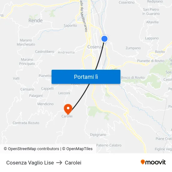 Cosenza Vaglio Lise to Carolei map