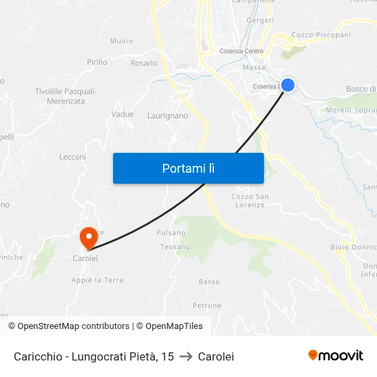 Caricchio - Lungocrati Pietà, 15 to Carolei map