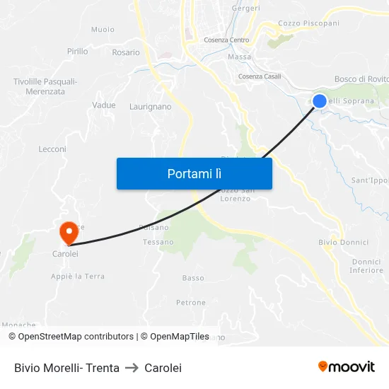 Bivio Morelli- Trenta to Carolei map